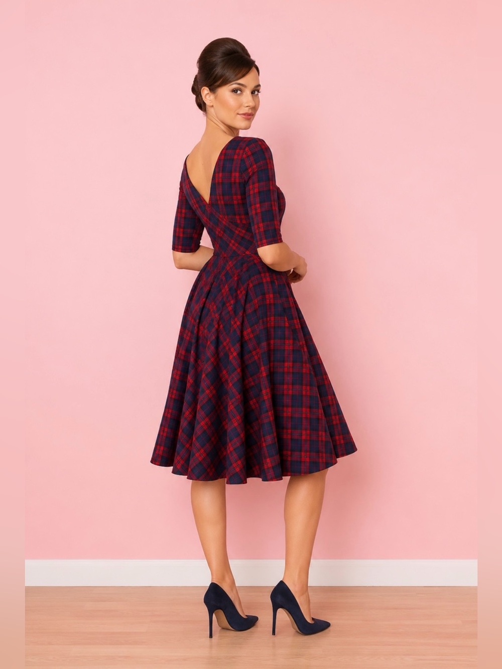 UK The Pretty Dress Co Hepburn Seville Swing Dress Red Blue Tartan 6 Low Back